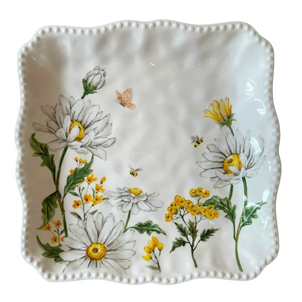 MAXCERA Spring Easter Bee Butterfly Daisy Square Dinner Plates Set of 4 New